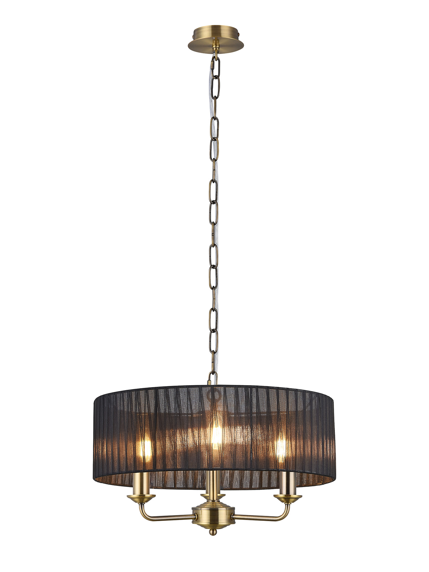 DK0867  Banyan 3 Light Multi Arm Pendant With 45cm x 15cm Organza Shade Antique Brass/Black